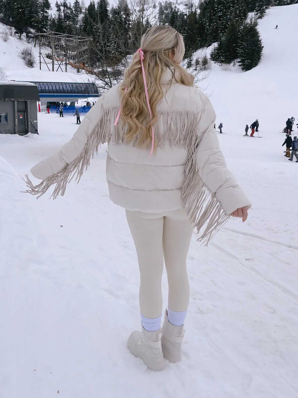 Cream Puffer Jacket with Fringe and Ribbed Leggings Cream Puffer Jacket with Fringe and Ribbed Leggings — Western Winter Outfits