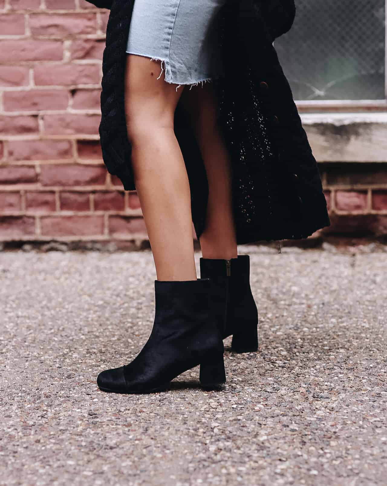 Black Suede Ankle Boots with Denim Skirt and Long Cardigan — Suede Boots Outfits