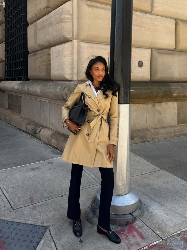 Beige Trench Coat Over White Shirt and Black Pants — Winter Outfits for Black Girls