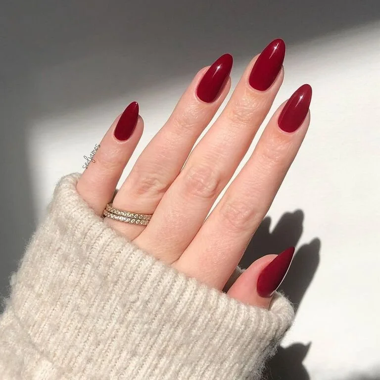 Long Almond Classic Deep Red — Winter Gel Nail Colors