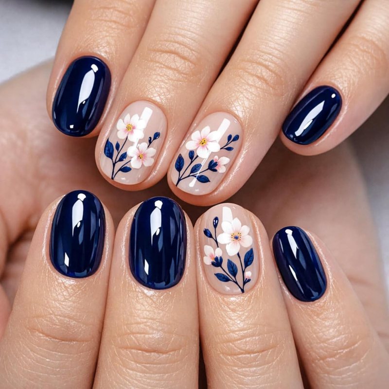 Floral Navy & Nude Ovals Floral Navy & Nude Ovals — Navy Blue Nails