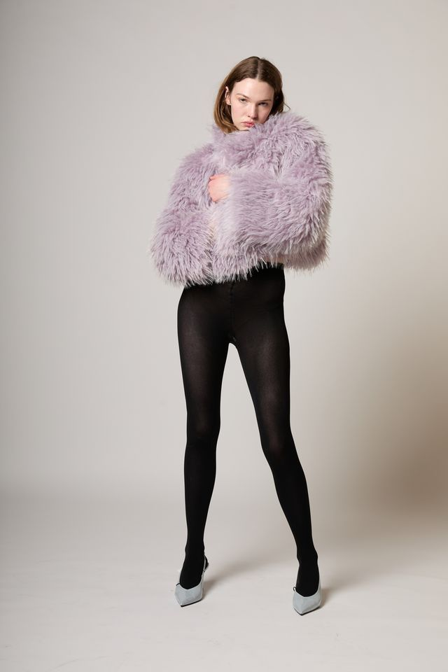 Fashion-Forward Evening: Black Tights with a Lilac Faux Fur Jacket — Tights Outfits