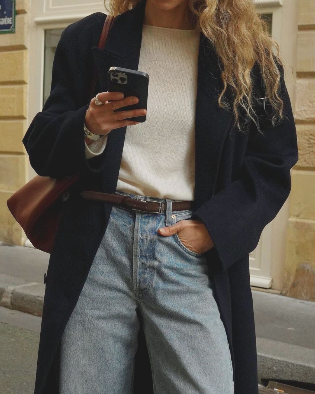 Classic Light Wash Jeans with Navy Wool Coat — Winter Outfits with Jeans