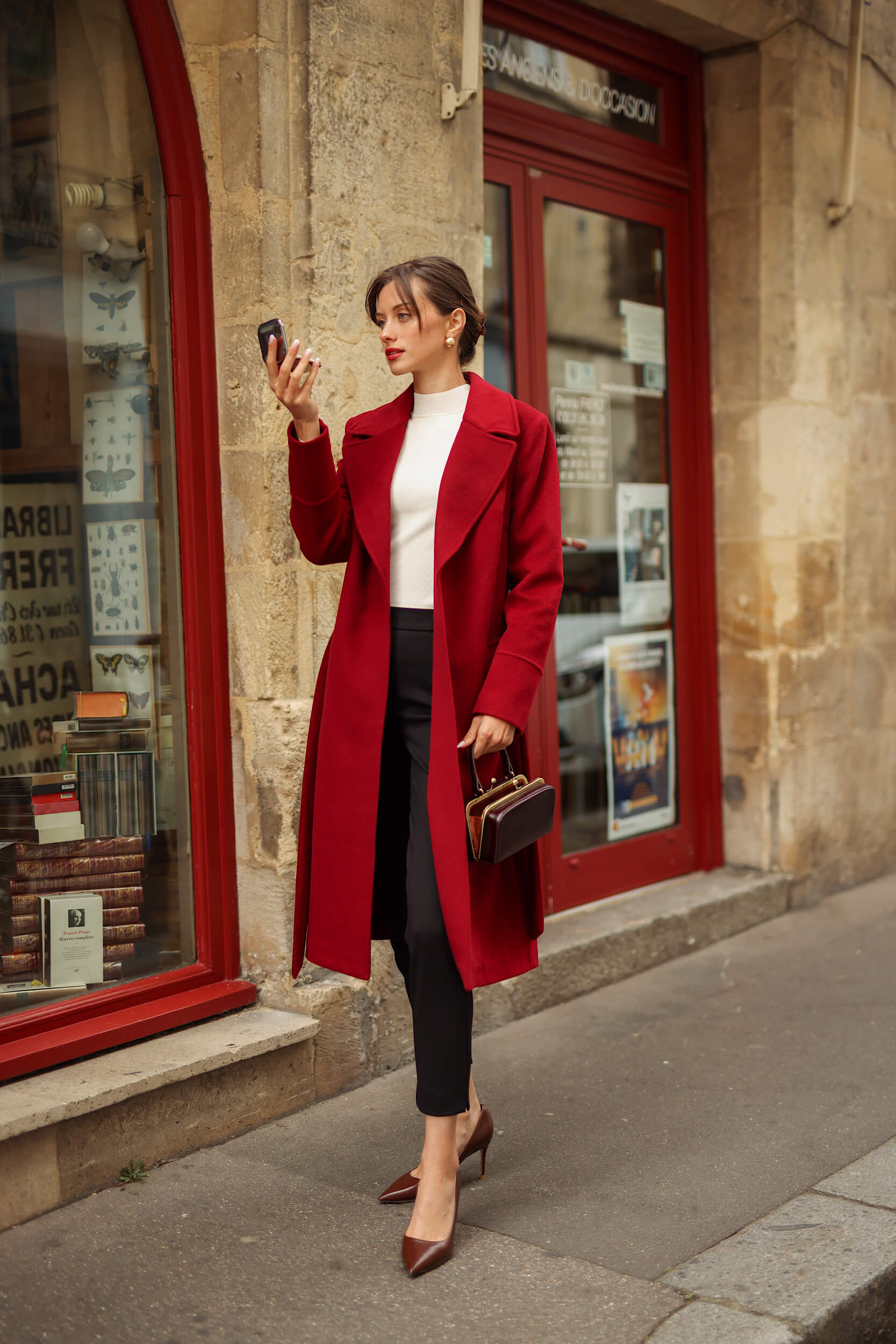 Vibrant Red Coat with Brown Accessories — Wool Coat Outfits