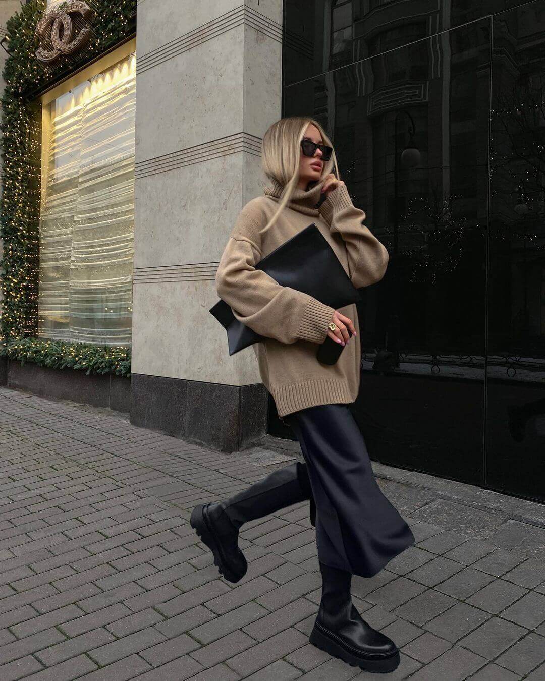 Black Satin Midi Skirt with Oversized Turtleneck Black Satin Midi Skirt with Oversized Turtleneck — Winter Skirt Outfits