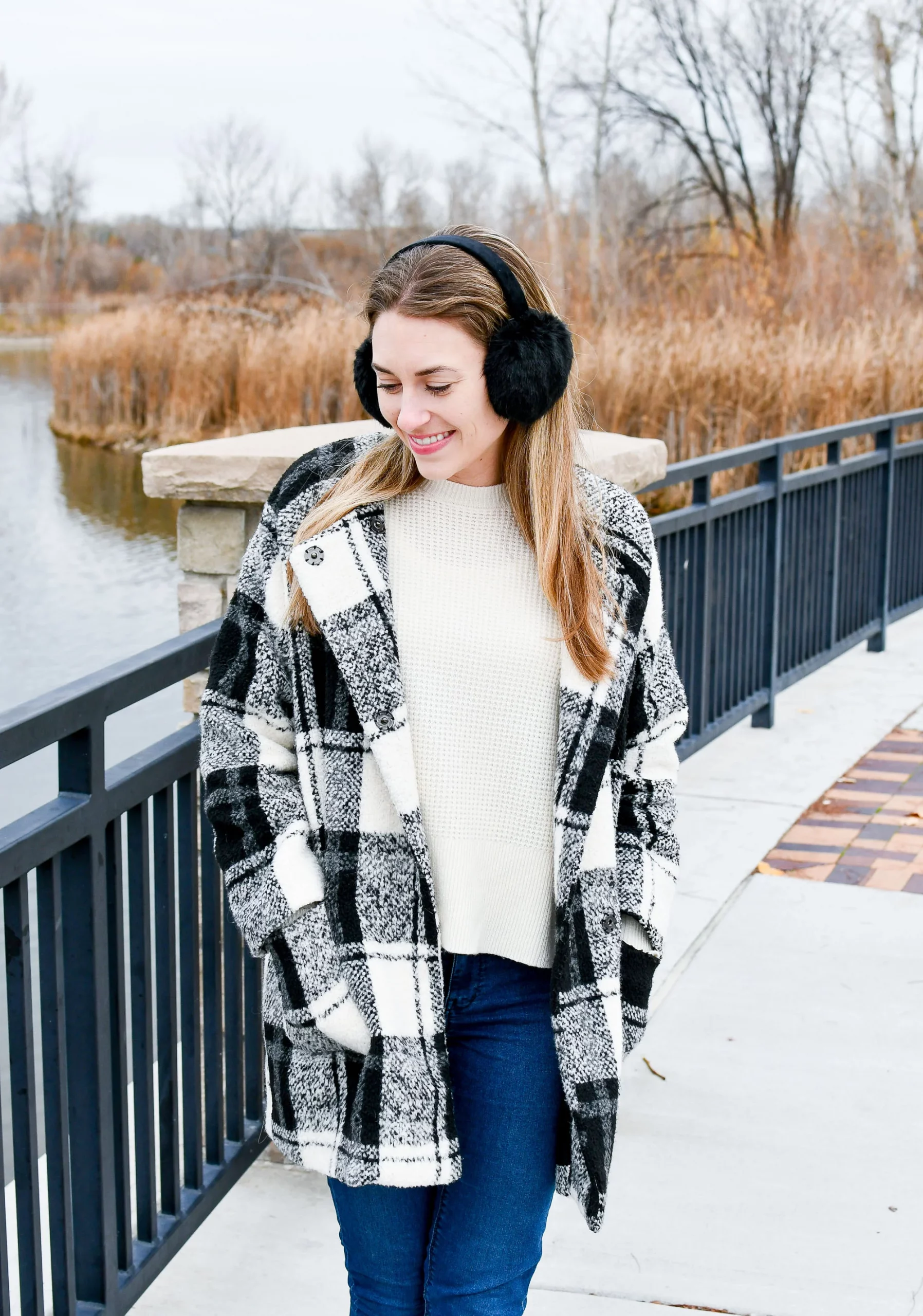 Plaid Coat and Fluffy Earmuffs Casual Combo — Earmuffs Outfits