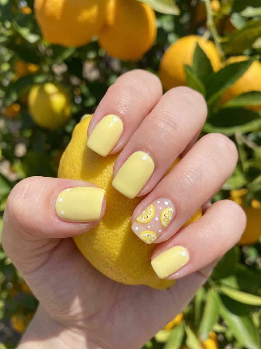 Short Square Pale Yellow Lemon Slice Polka Dot Nails Short Square Pale Yellow Lemon Slice Polka Dot Nails — Yellow Nail Designs