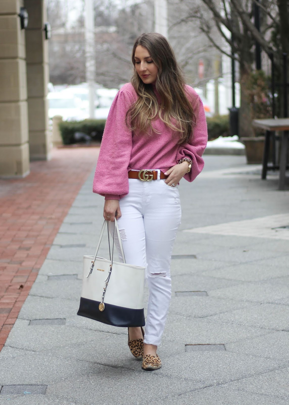 Pink Balloon-Sleeve Sweater with White Ripped Jeans and Leopard Pumps — Winter to Spring Transition Outfits