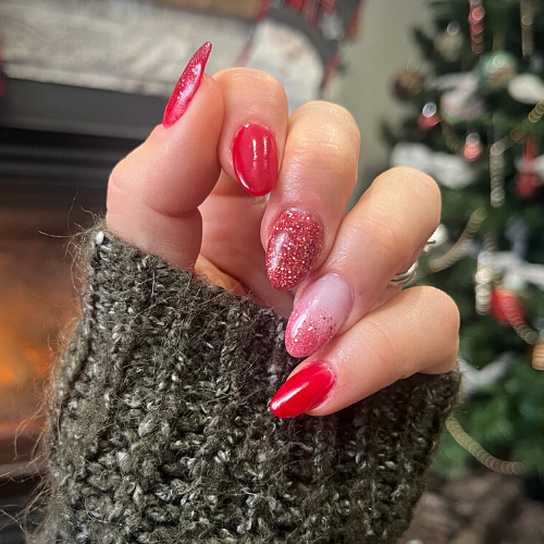 Red Glitter Gradient Stilettos — Winter Ombre Nails