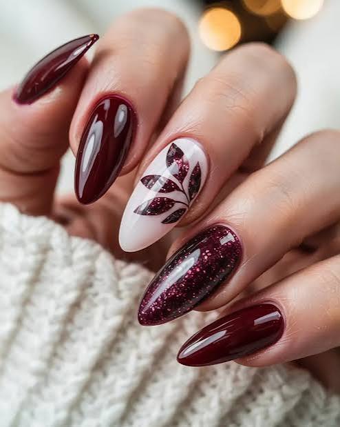 Burgundy Leaf Glitter Almond Nails Burgundy Leaf Glitter Almond Nails — Medium Length Winter Nails