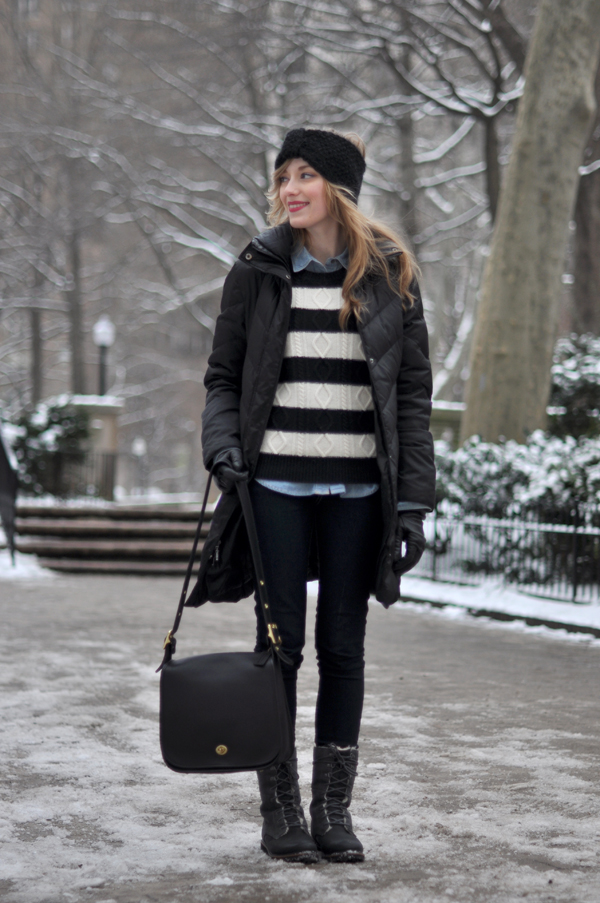 Layered Puffer with Striped Sweater and Snow Boots Layered Puffer with Striped Sweater and Snow Boots — Chicago Winter Outfits