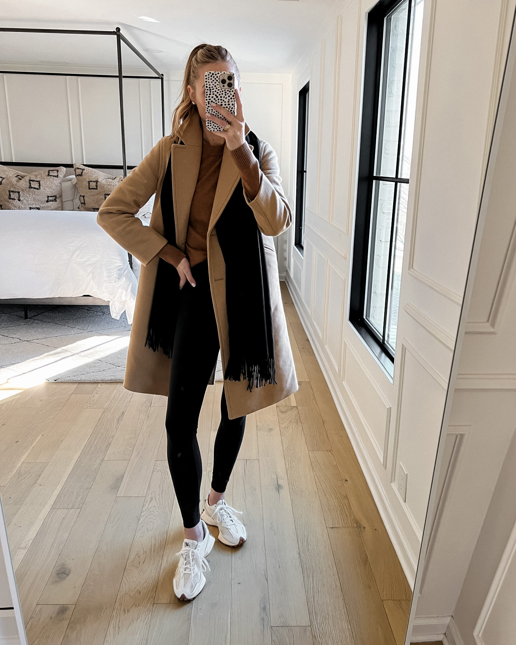 Camel Wool Coat and Knit Sweater with Leggings and White Sneakers Camel Wool Coat and Knit Sweater with Leggings and White Sneakers — Winter Outfits with Sneakers