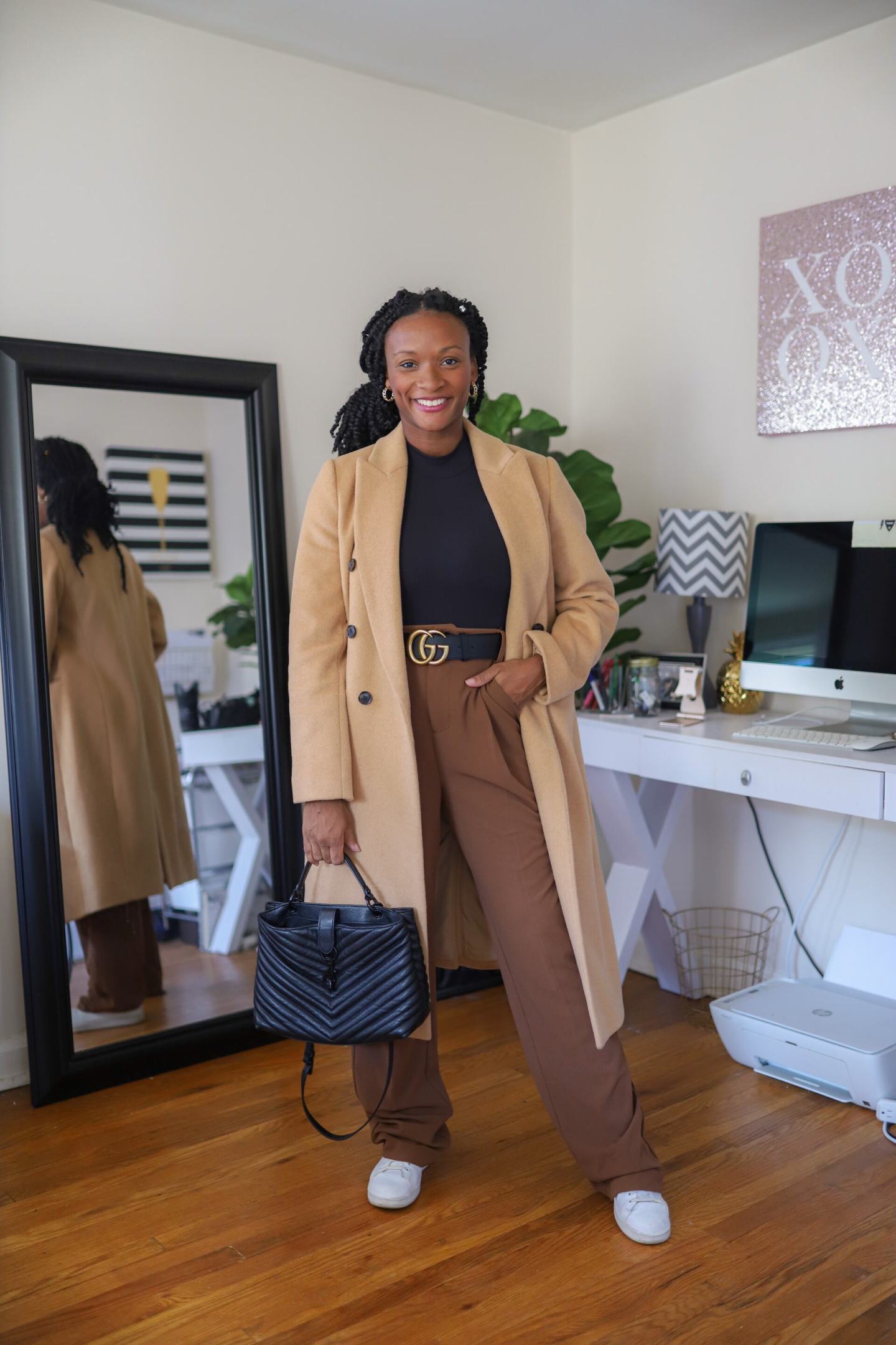 Casual Polish: Camel Coat with Black Top and White Sneakers Casual Polish: Camel Coat with Black Top and White Sneakers — Camel Coat Outfits