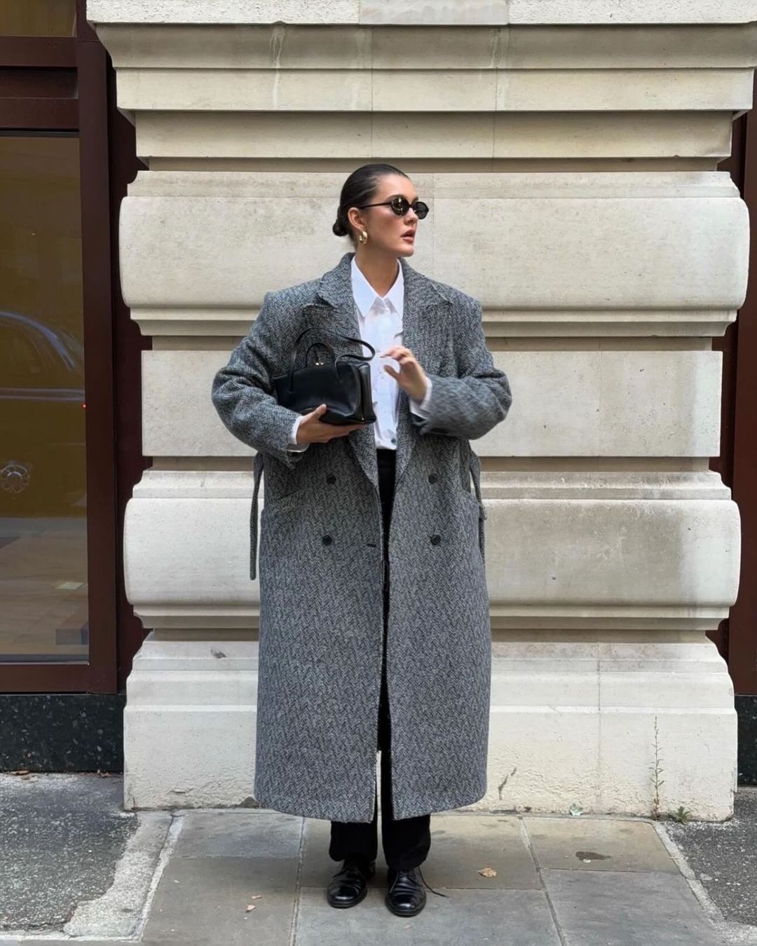 Grey Herringbone Long Coat with Black Trousers — Long Coat Outfits