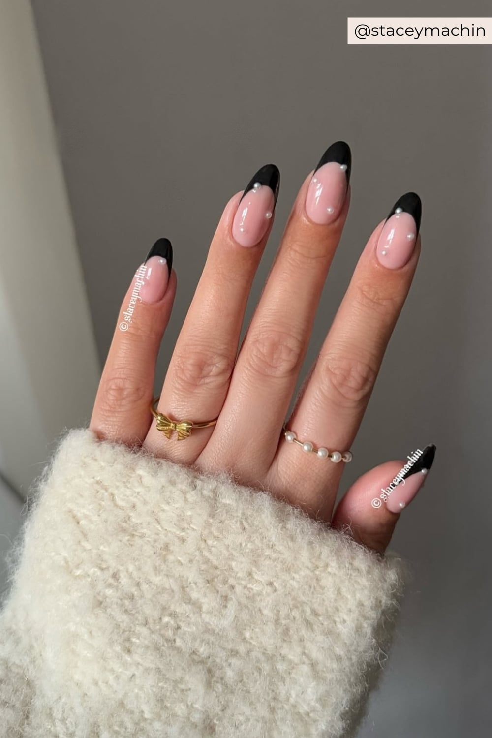 Medium Almond Black French with Pearls — Cute Nail Designs