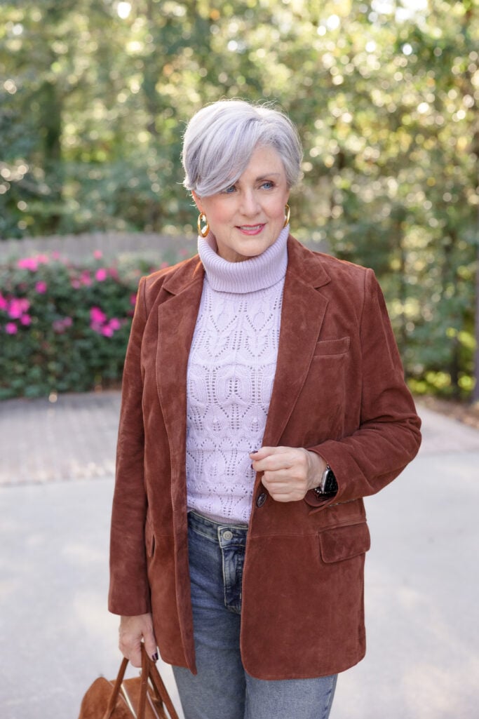 Brown Suede Blazer Over a Purple Turtleneck for Smart Casual Winter Style Brown Suede Blazer Over a Purple Turtleneck for Smart Casual Winter Style — December Outfits