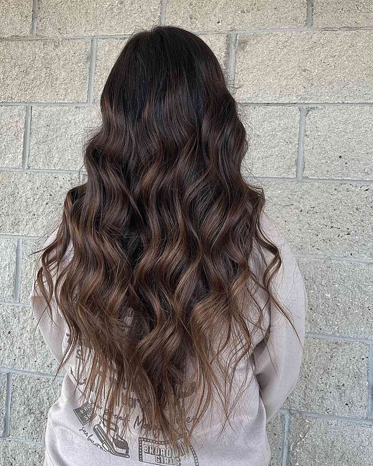 Mid-Back Dark With Caramel Balayage Mid-Back Dark With Caramel Balayage — Dark Chocolate Brown Hair