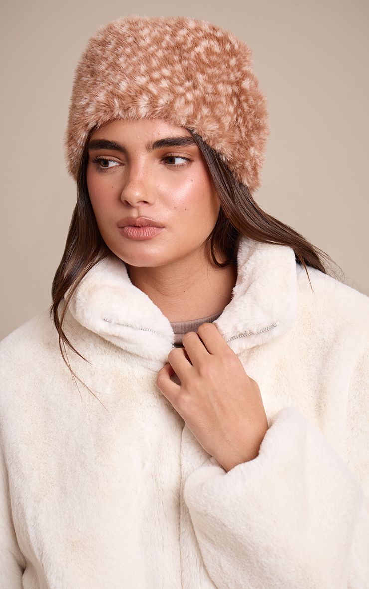 Brown and White Faux Fur Headband with Cream Jacket — Fur Hat Outfits