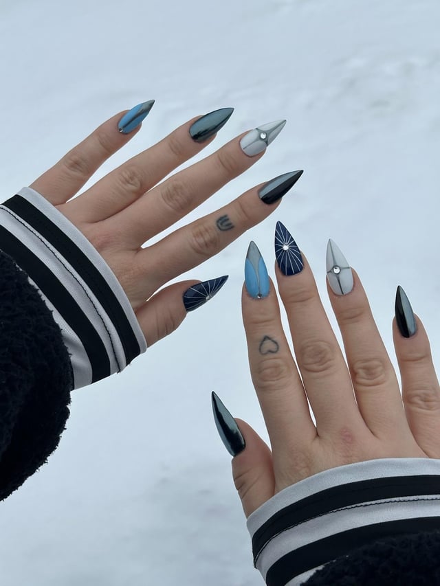 Long Stiletto Geometric Blues and Metallics Long Stiletto Geometric Blues and Metallics — January Nails