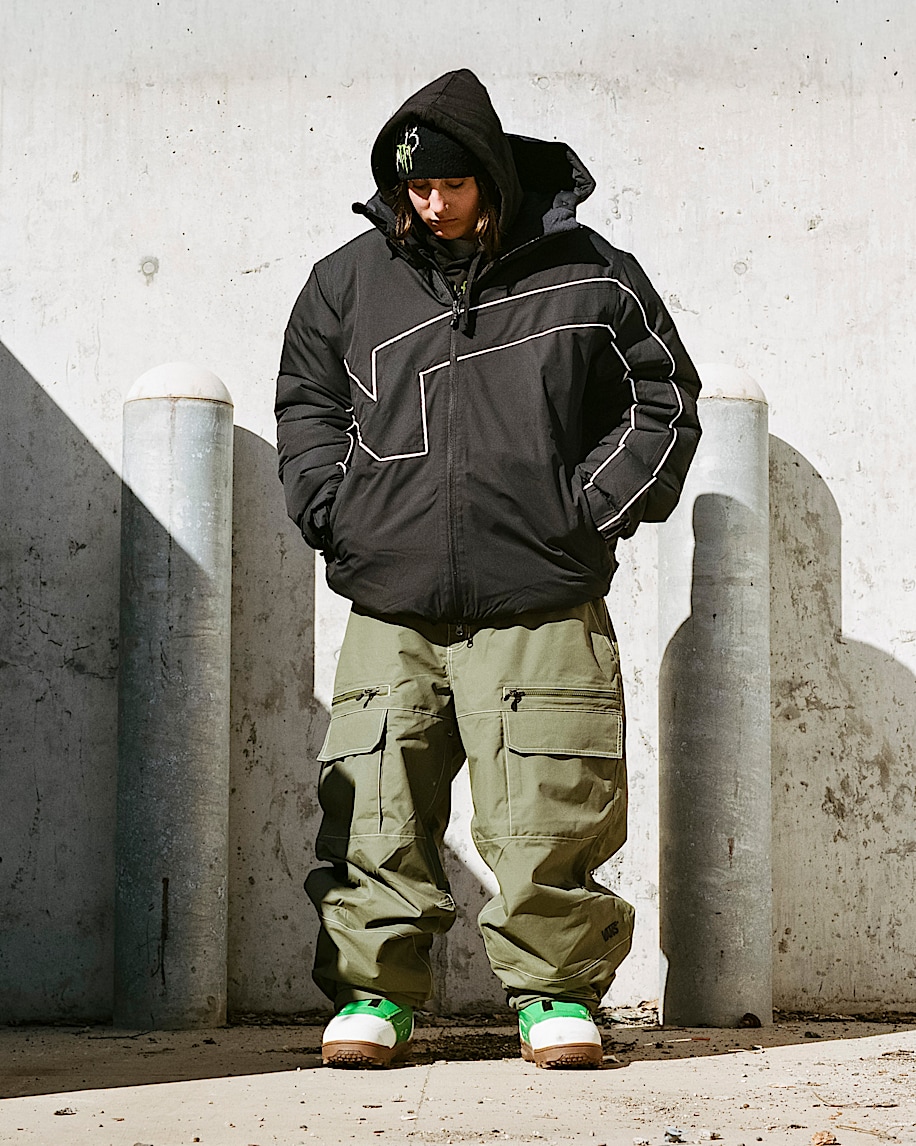 Urban Utility: Black Jacket and Olive Cargo Pants Urban Utility: Black Jacket and Olive Cargo Pants — Snowboarding Outfits