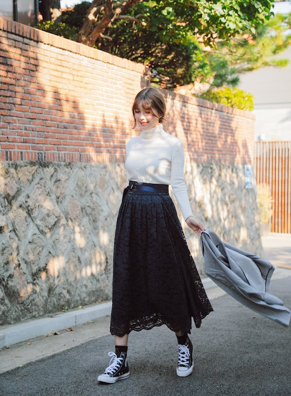 Lace Midi Skirt with Turtleneck and Sneakers Lace Midi Skirt with Turtleneck and Sneakers — Modest Winter Outfits