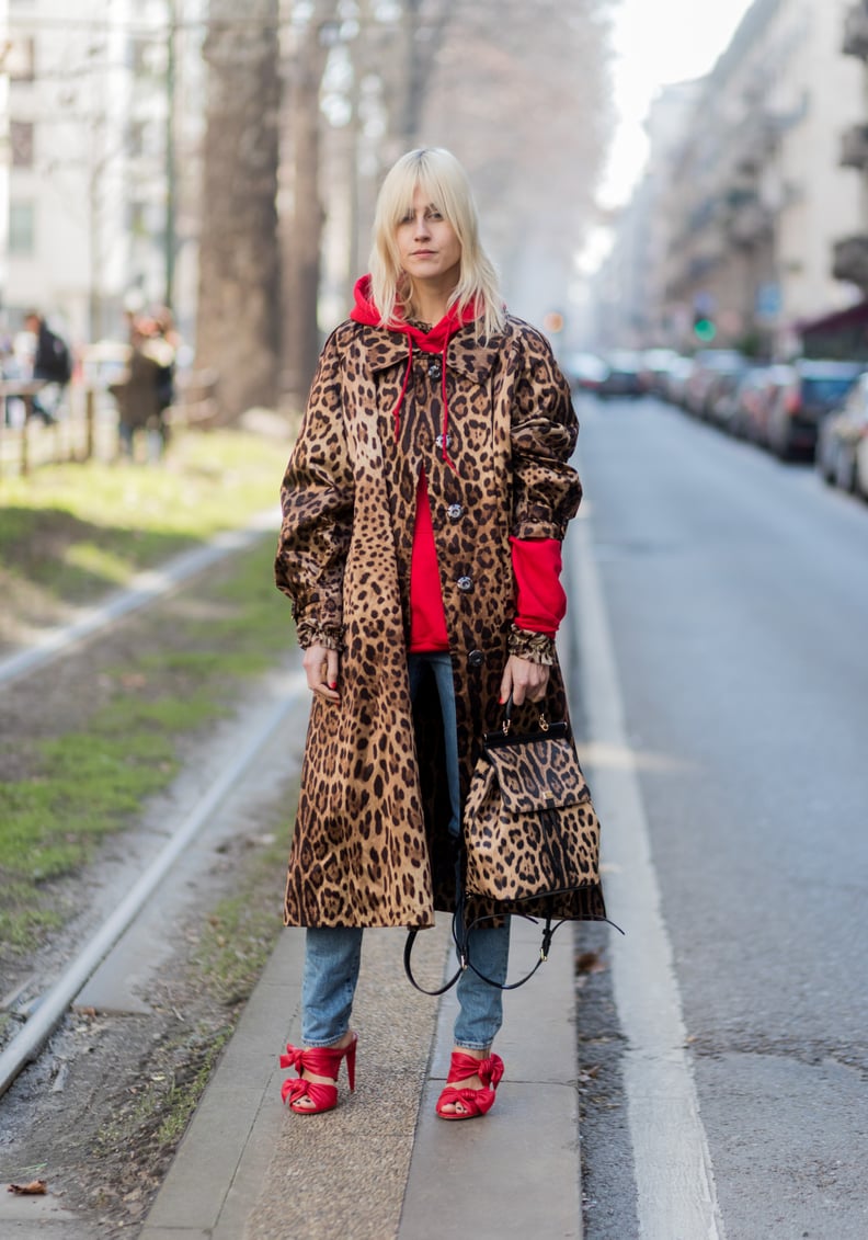 Leopard Coat with Red Hoodie and Bow Heels Leopard Coat with Red Hoodie and Bow Heels — Leopard Coat Outfits