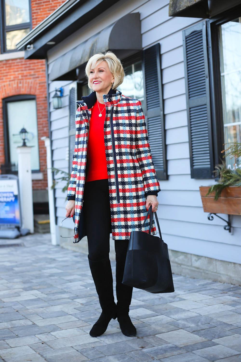 Vibrant Plaid Coat Over Red Sweater Vibrant Plaid Coat Over Red Sweater — Colorful Winter Outfits