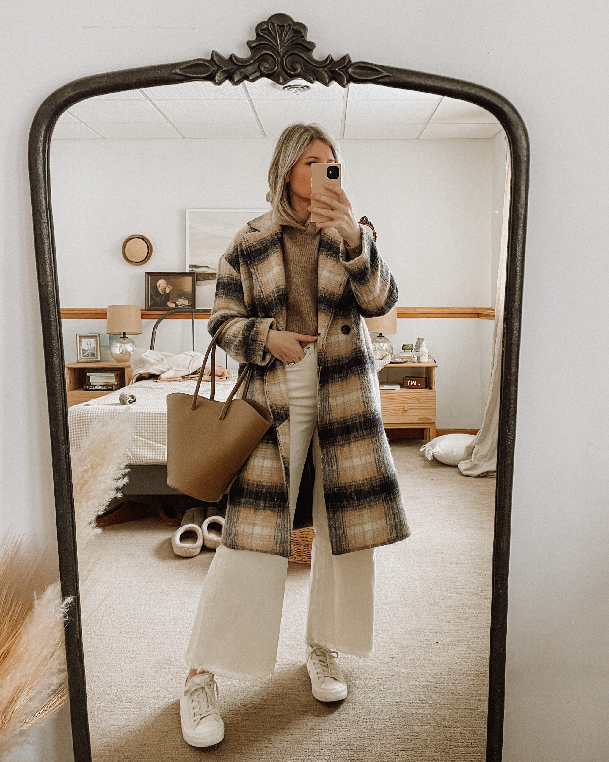 Oversized Plaid Coat Over a Beige Sweater and Wide-Leg Trousers — Winter Capsule Wardrobe