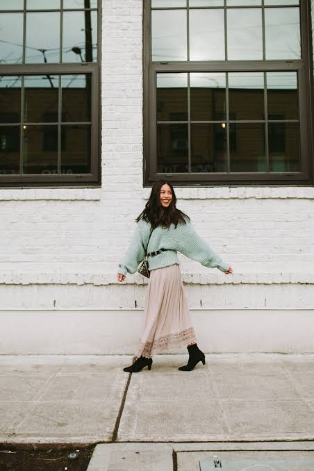 Light Blue Sweater with Lace Trim Maxi Skirt — Cold Weather Outfits