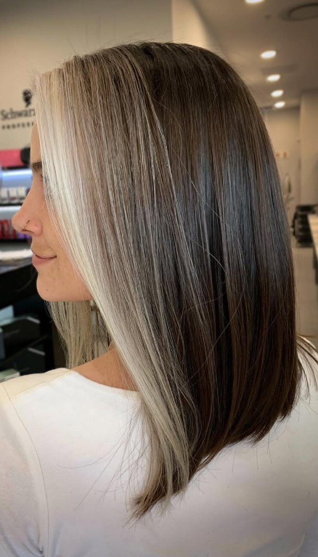 Chin Bob With Stark Ash Blonde Money Piece — Ash Brown Hair