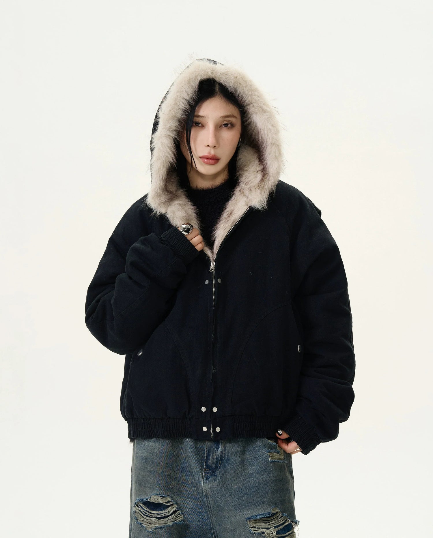 Navy Faux Fur Hooded Jacket with Distressed Jeans — Shearling Coat Outfits