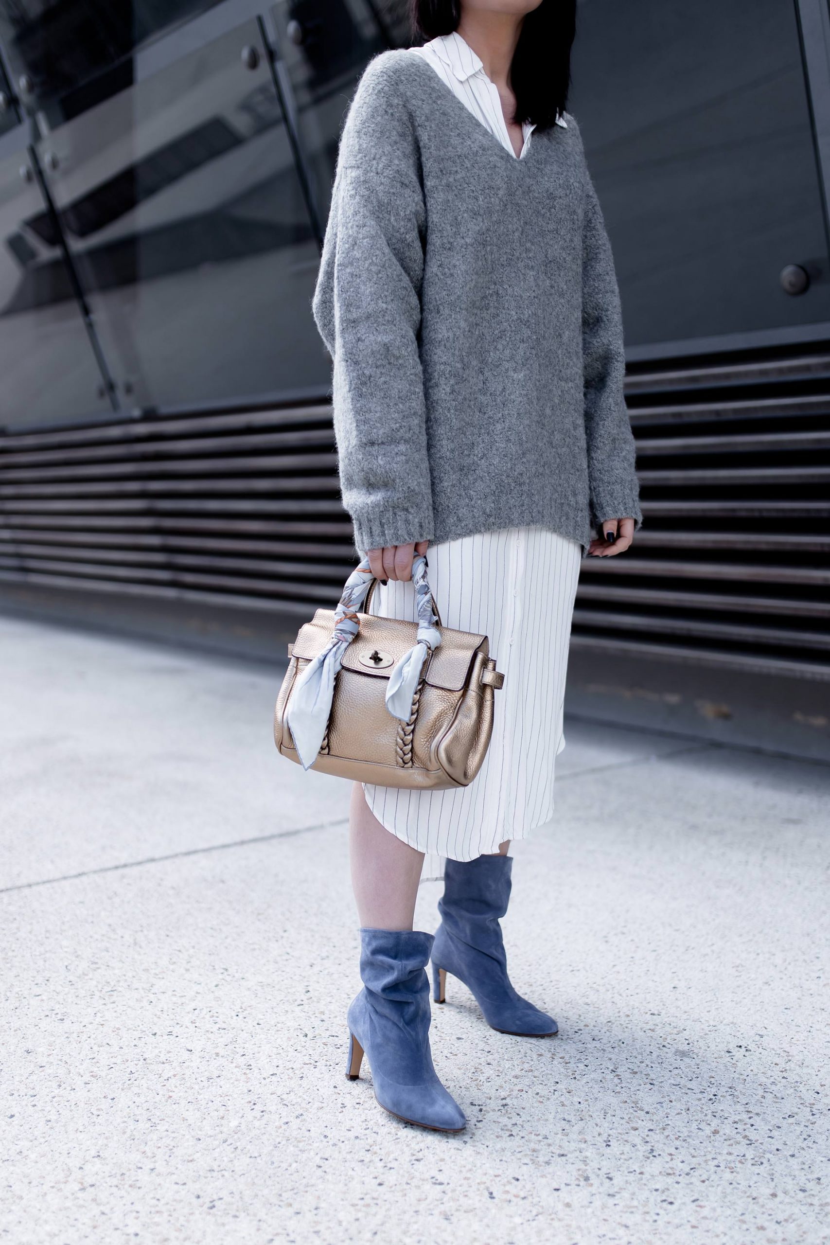 Blue Suede Slouchy Boots with Pinstripe Dress — Slouchy Boots Outfits