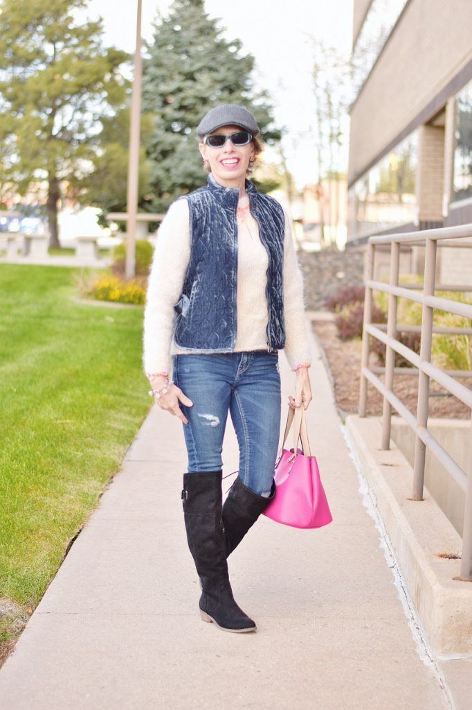 Casual Cool: Black Suede Boots with Denim Vest Casual Cool: Black Suede Boots with Denim Vest — Riding Boots Outfits