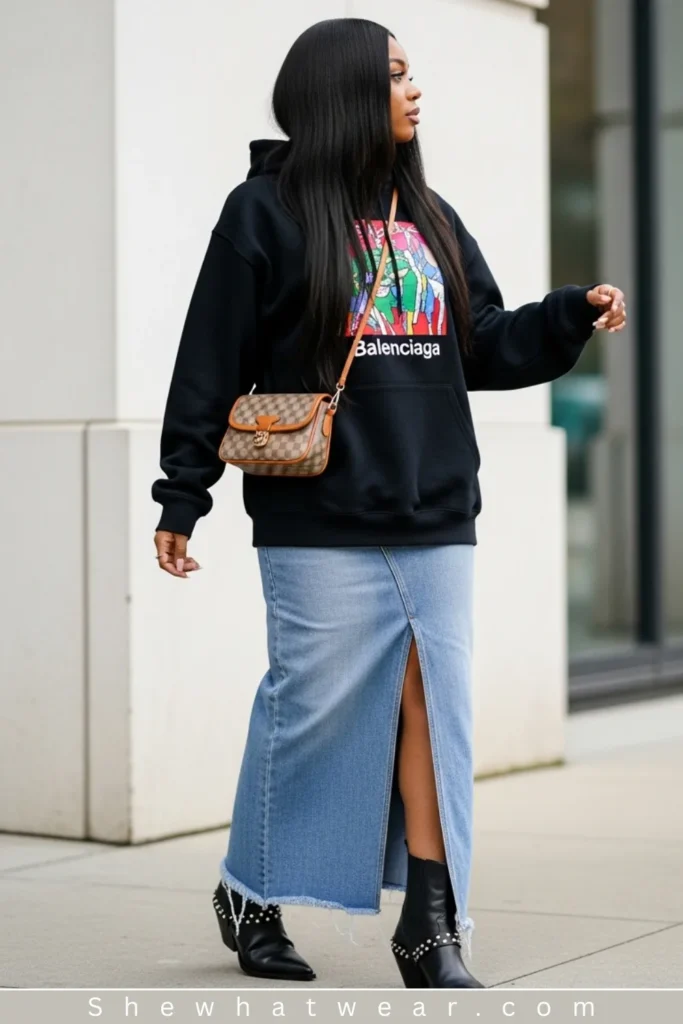 Graphic Hoodie with Denim Maxi Skirt and Studded Boots Graphic Hoodie with Denim Maxi Skirt and Studded Boots — Hoodie Outfits