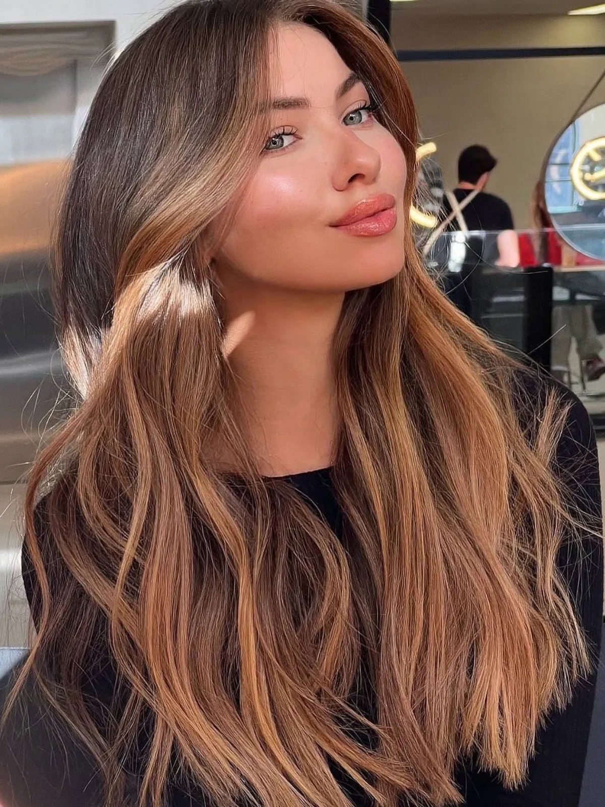Dark Brown with Caramel Highlights Dark Brown with Caramel Highlights — Winter Hair Colors for Green Eyes