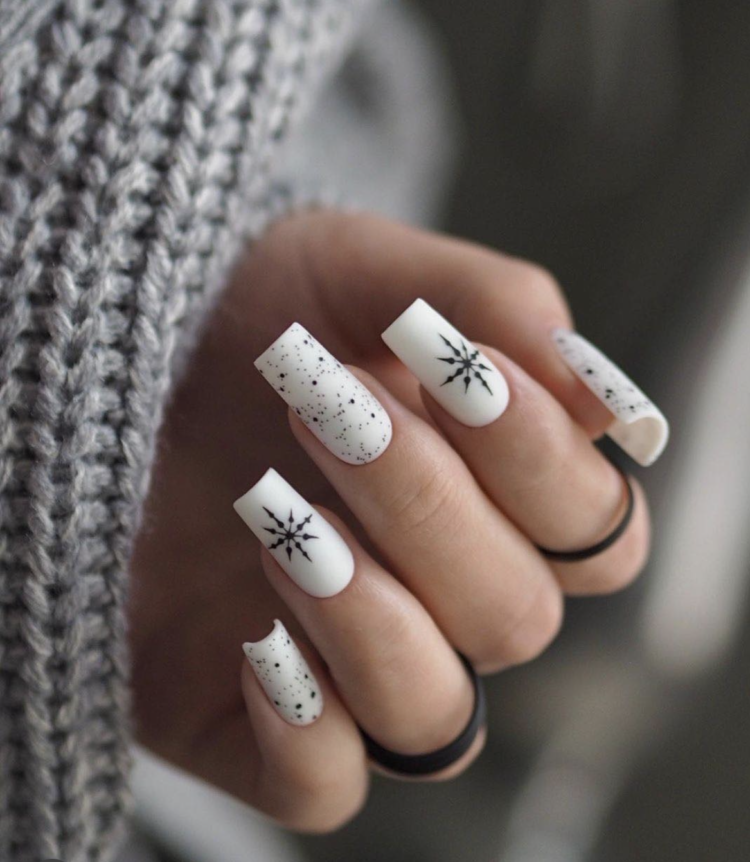 Matte White With Black Speckles and Starburst Matte White With Black Speckles and Starburst — Winter Square Nails
