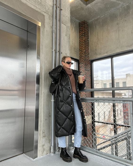 Pale Pink Oversized Puffer with Cable-Knit — Long Puffer Coat Outfits