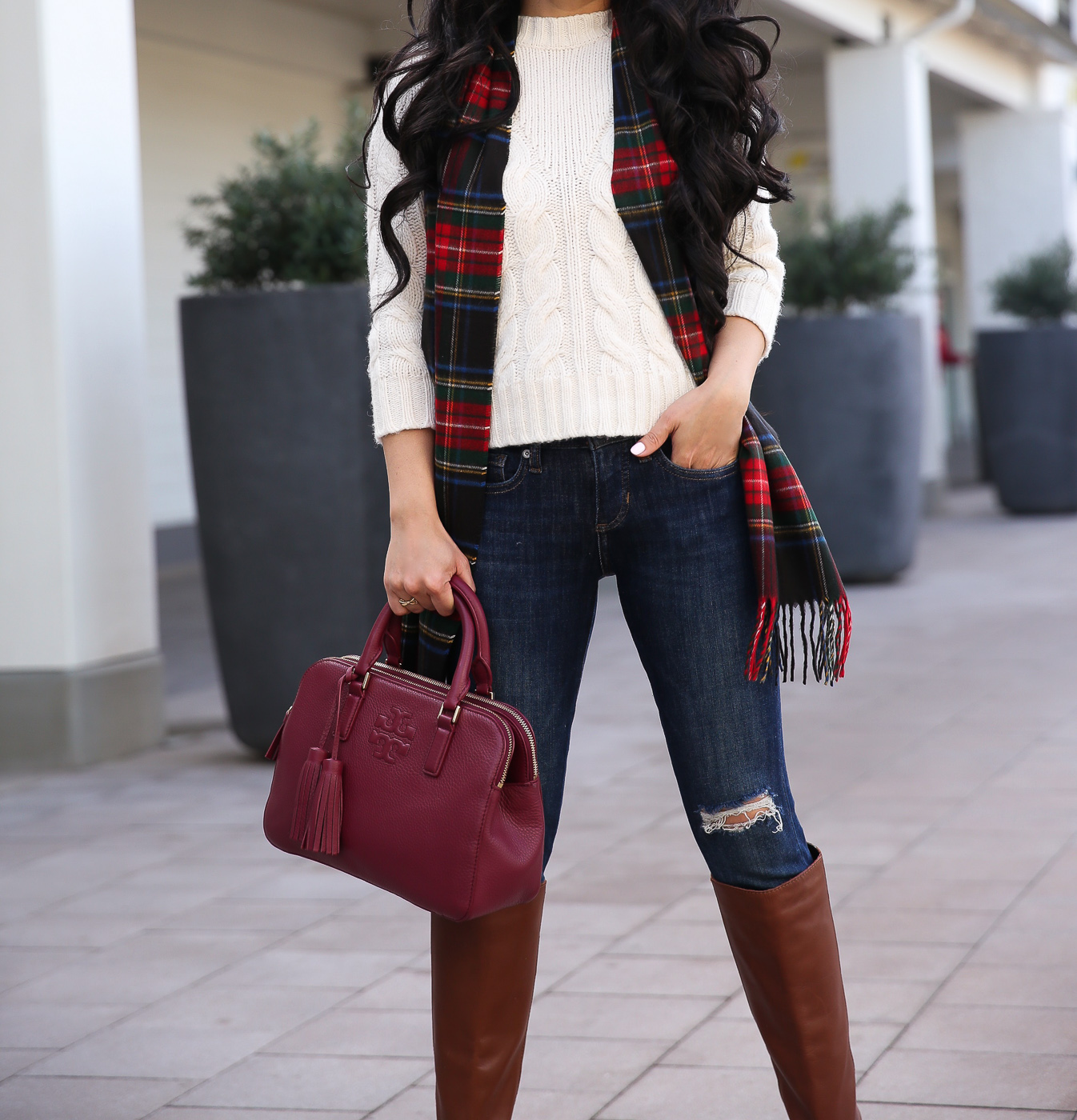 Classic Cable Knit Sweater with Tartan Scarf — Early Winter Outfits