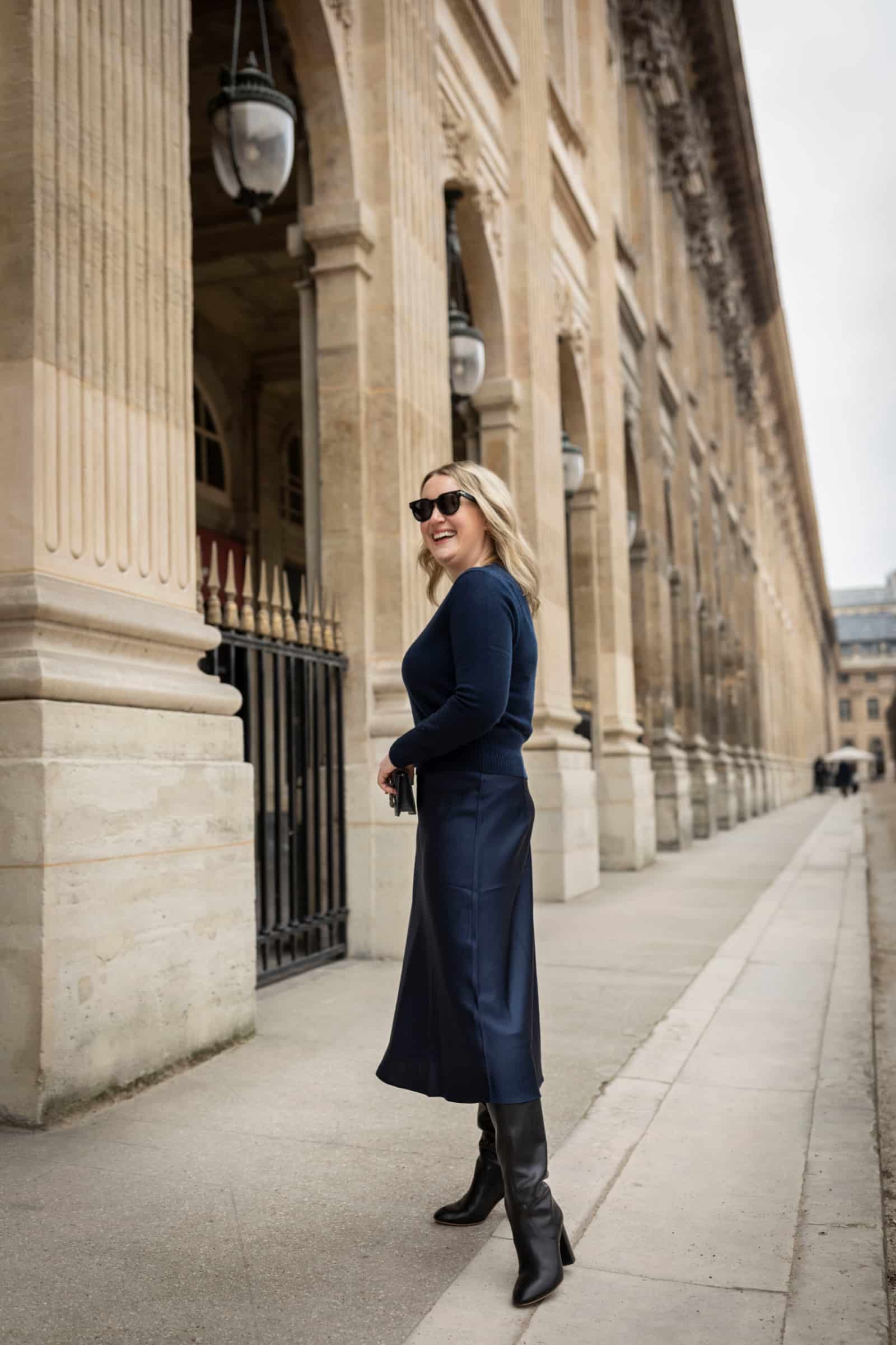 Navy Satin Midi Skirt with Fitted Sweater and Knee-High Boots for a Dressy Look — Dressy Winter Outfits