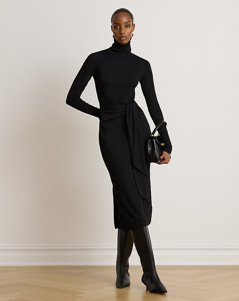 Elegant Black Tie-Front Turtleneck Dress for Evening — Turtleneck Outfits