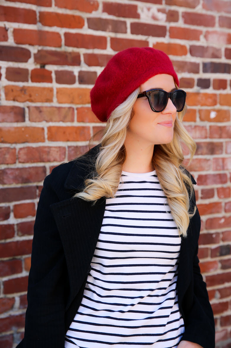 Wool Beret Cotton Shirt Vibrant Red Beret with Striped Shirt and Black Coat Wool Beret Cotton Shirt Vibrant Red Beret with Striped Shirt and Black Coat — Beret Outfits