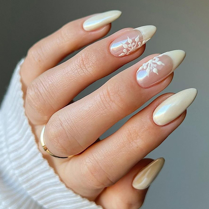 Pearlescent Cream French with Raised Snowflakes Pearlescent Cream French with Raised Snowflakes — Everyday Winter Nails