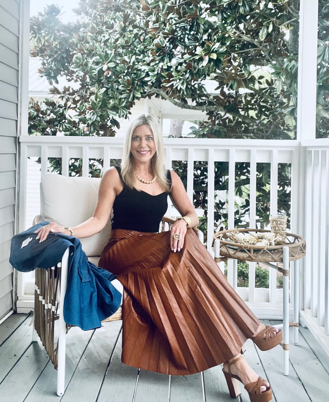 Faux Leather Midi Skirt with Denim Jacket: Casual Fall Texture Play — Fall to Winter Outfits