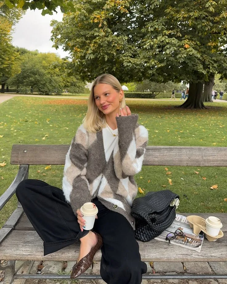 Preppy Charm: Argyle Cardigan with Wide-Leg Pants — Winter Brunch Outfits