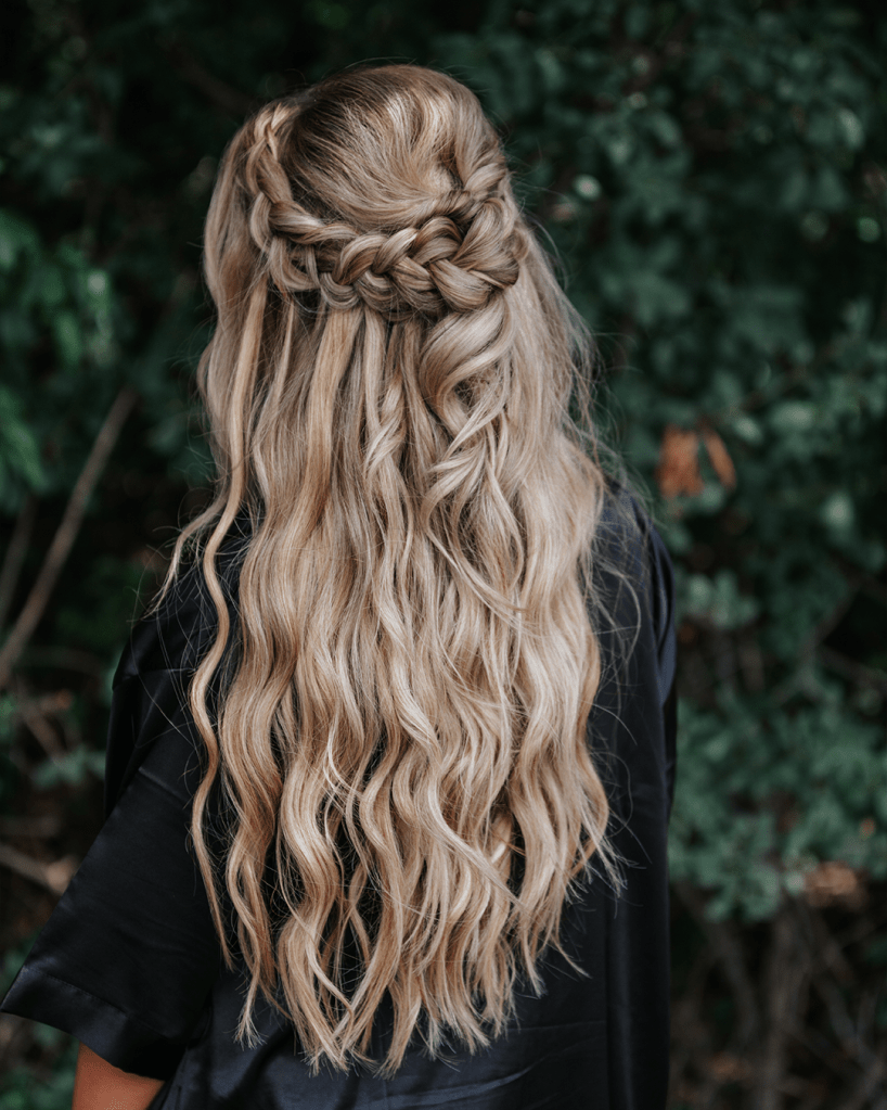 Mid-Back Blonde Braided Crown Half-Up — Winter Wedding Guest Hairstyles