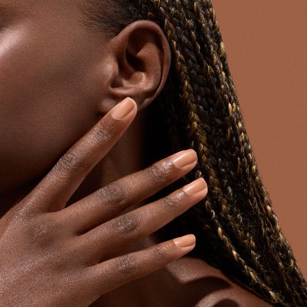 Medium Beige Warm Glossy Short Oval Nails Medium Beige Warm Glossy Short Oval Nails — Winter Nail Colors for Dark Skin