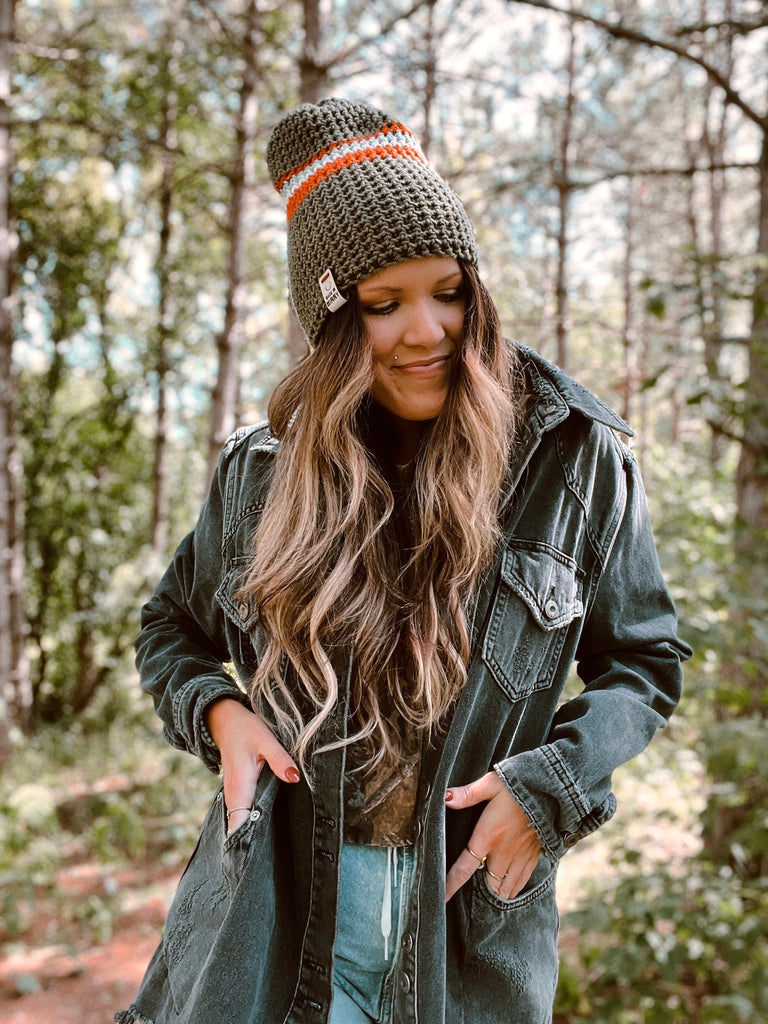 Olive Green Crochet Beanie with Denim Jacket — Beanie Outfits