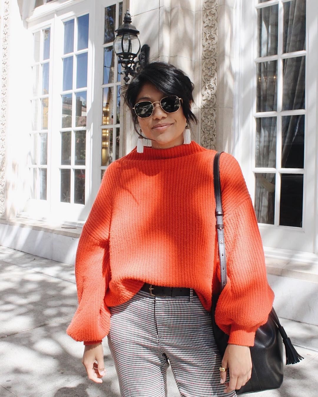 Orange Textured Sweater with Houndstooth Wide-Leg Pants Orange Textured Sweater with Houndstooth Wide-Leg Pants — Sweater Outfits