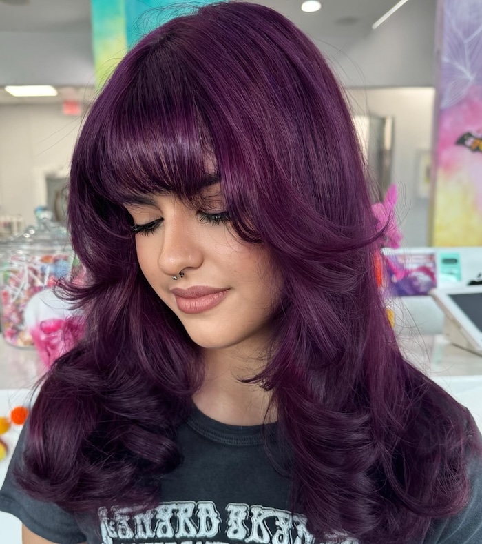 Vibrant Plum Long Shag With Full Bangs — Winter Layered Haircuts