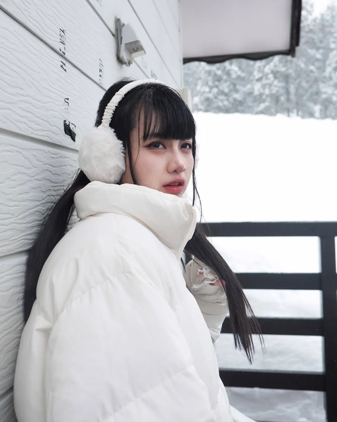 White Puffer Jacket with Fluffy Earmuffs — Korean Winter Outfits
